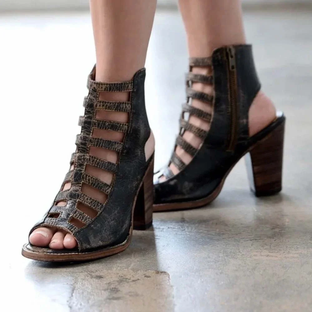 BED STU Occam Gladiator Distressed Leather Cage Peep Toe Heels Sz 6 Bench Made